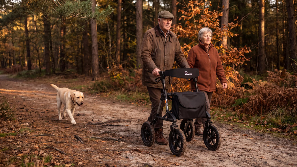 Parvum Rebel in gray on a forest path; a man in a cap walks with the rollator, his wife and his Labrador beside him.