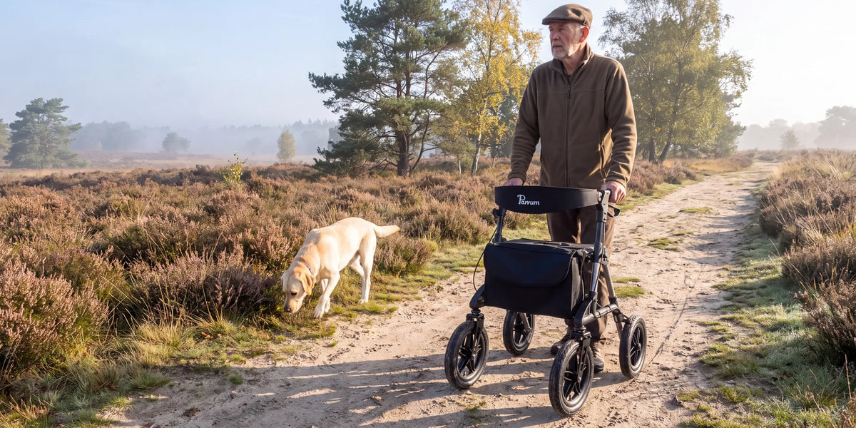 Parvum Rebel in gray on a heath path in the morning mist; a man stands still while his Labrador sniffs in the heather.