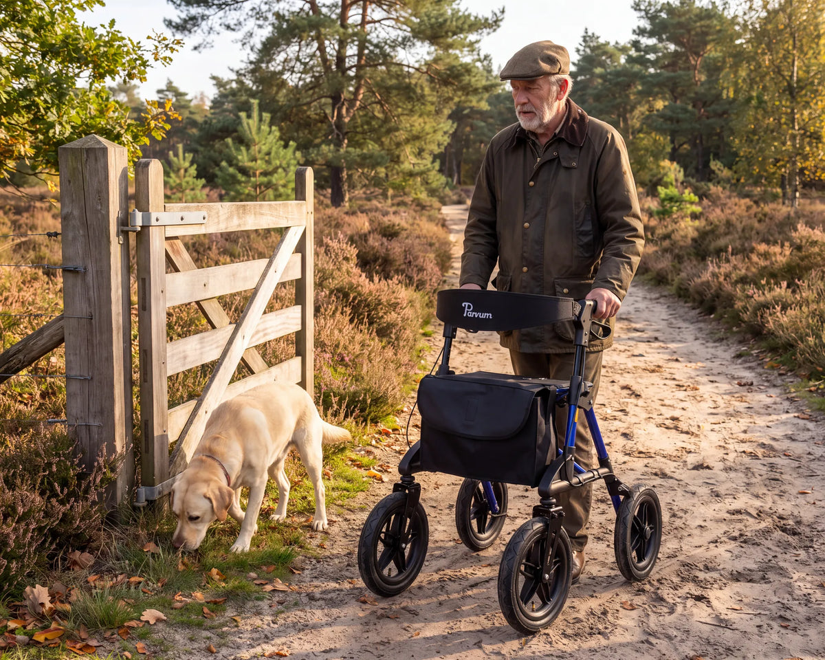 Parvum Rebel in blue by an open field gate; a man waits while his Labrador sniffs along the verge.