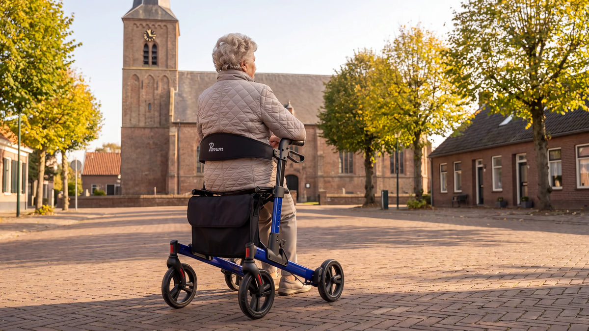 Parvum Riva in blue on a village square by the church; a woman sits on the rollator, her back to us.