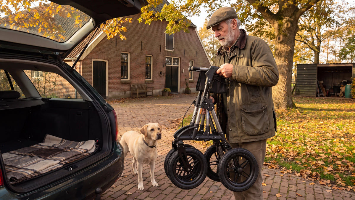 Folded Parvum Rebel in gray next to the open trunk on a farmyard; a man picks it up as his Labrador looks on.