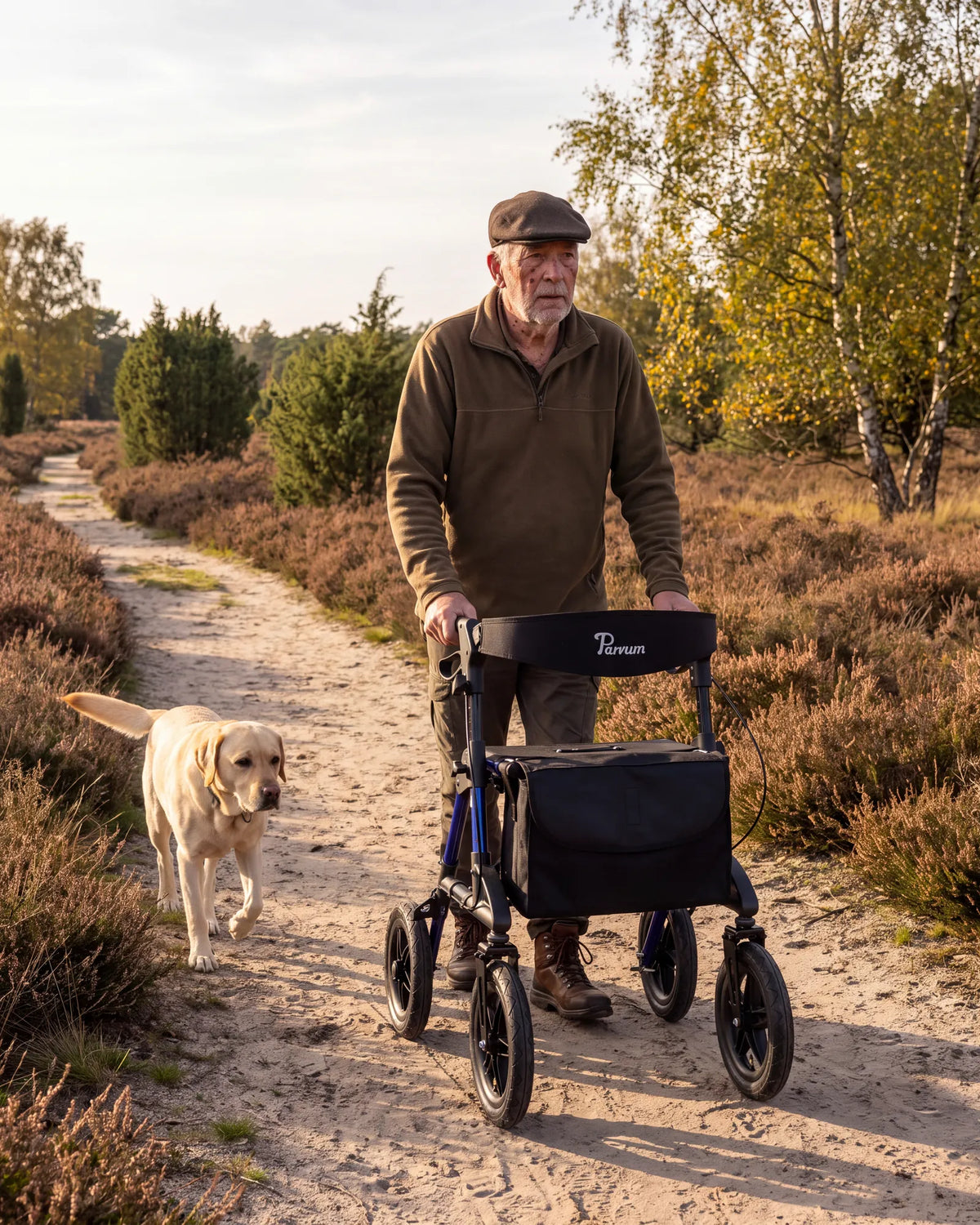 Parvum Rebel in blue on a sandy path across the heath; a man in a cap walks with the rollator, his Labrador beside him.
