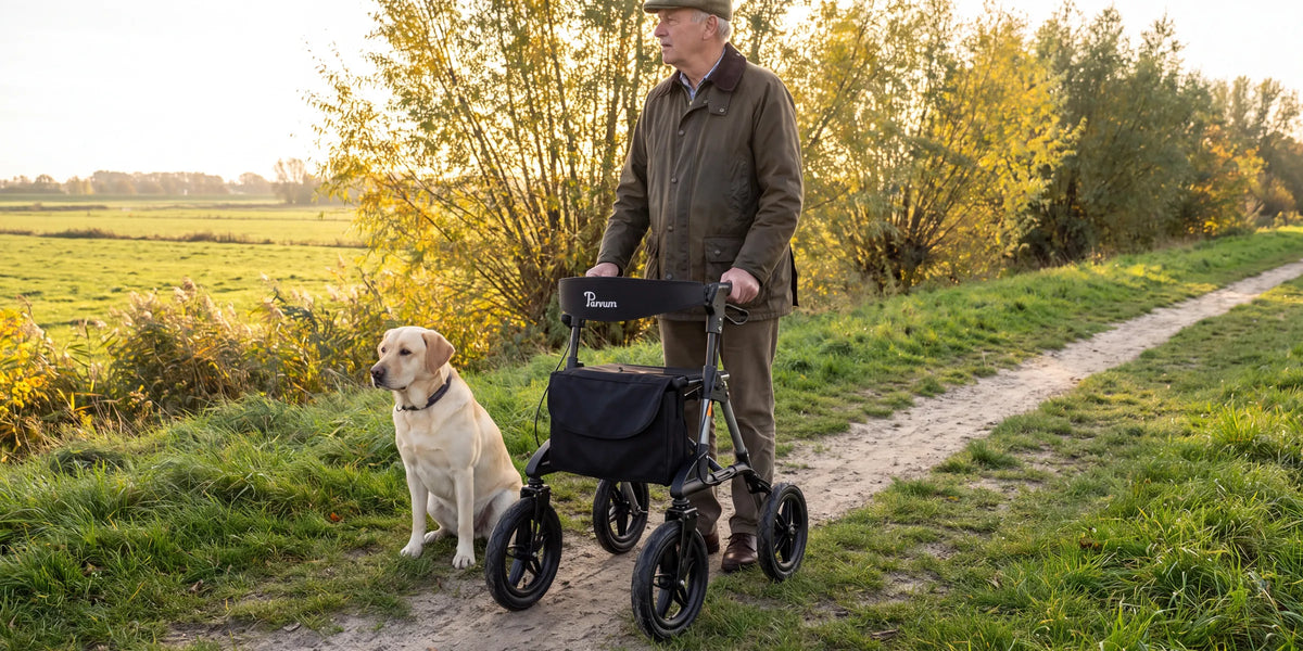 Parvum Rebel in gray on a dike in the low sun; a man looks out over the floodplains, his Labrador sitting beside him.