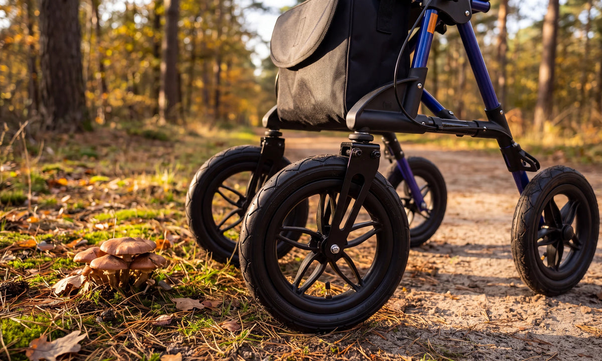 The front wheel of the Parvum Rebel in blue next to a cluster of mushrooms on a forest path.